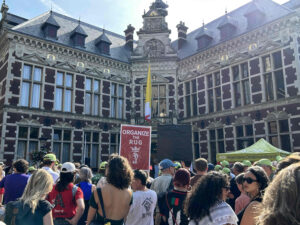 group of protesters in front of Utrecht University's Academy Building